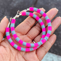 Medium Beaded Earrings - Hot Pink and Gray