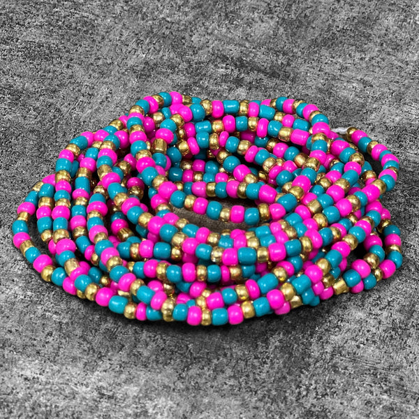 Elastic Tie On Waist Beads - Teal, Hot Pink and Gold